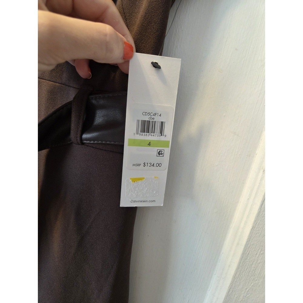 NWT Calvin Klein Brown Belted A Line Sleeveless Faux Leather Belted Dress.  4 - Picture 5 of 8